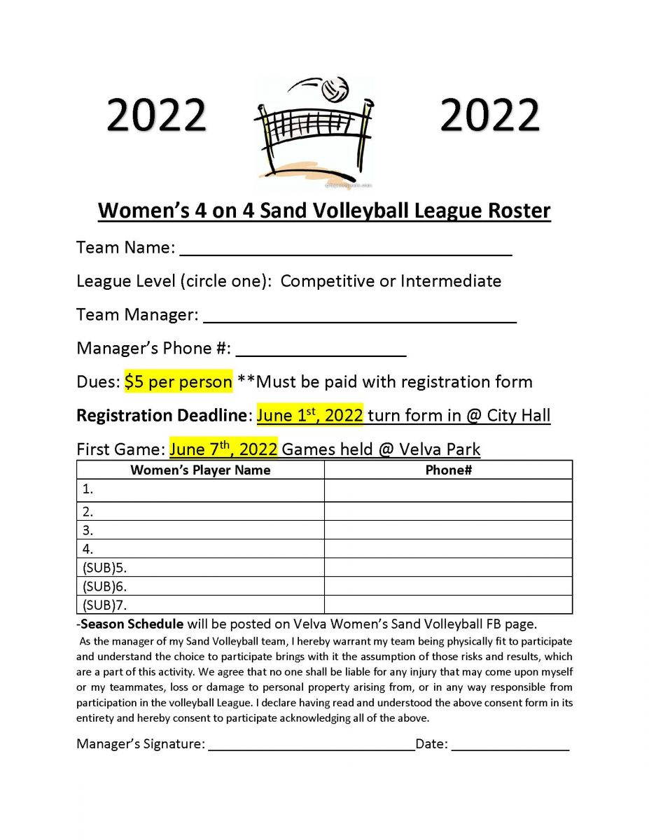 Women's Sand Volleyball League Sign-up Sheet
